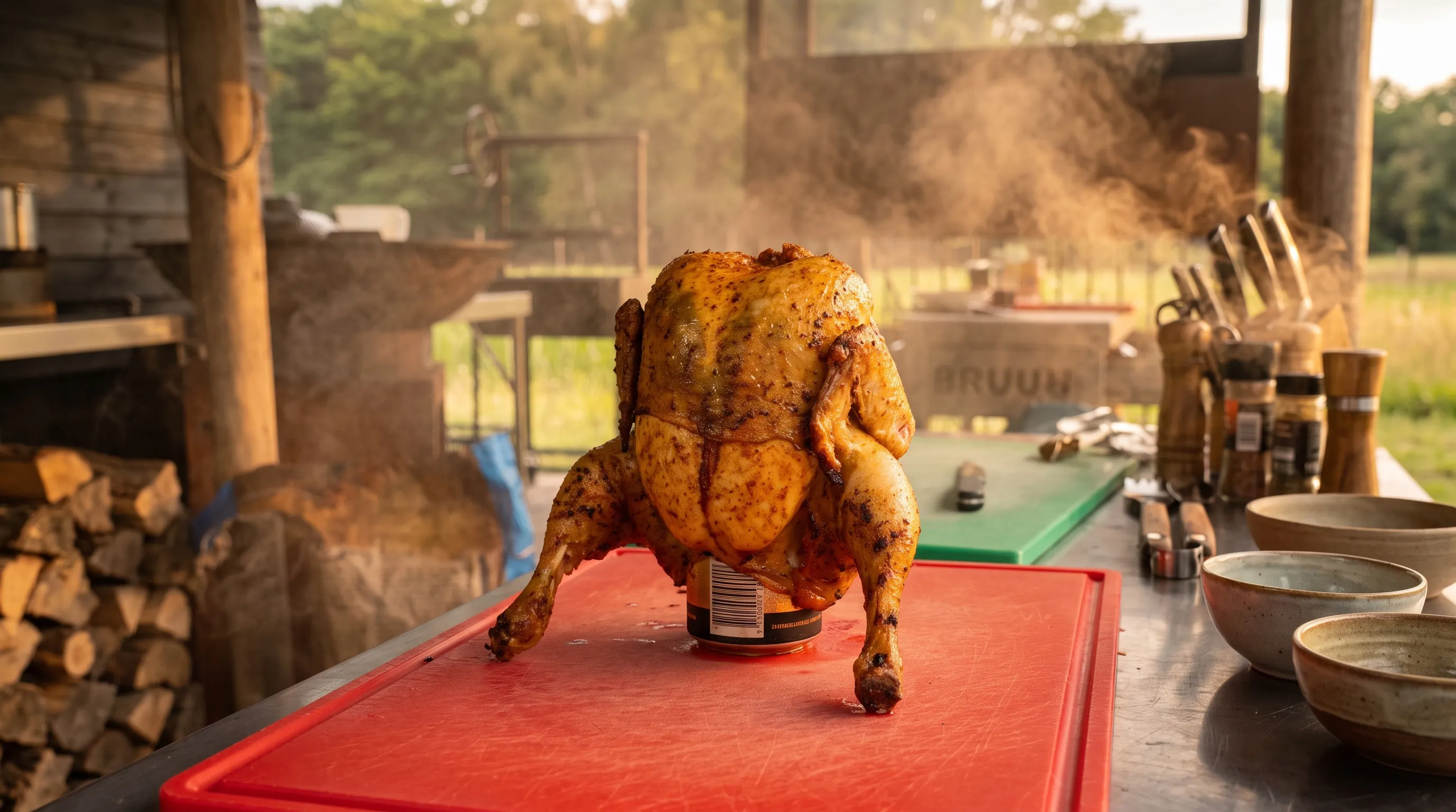 Beer can chicken van de BBQ