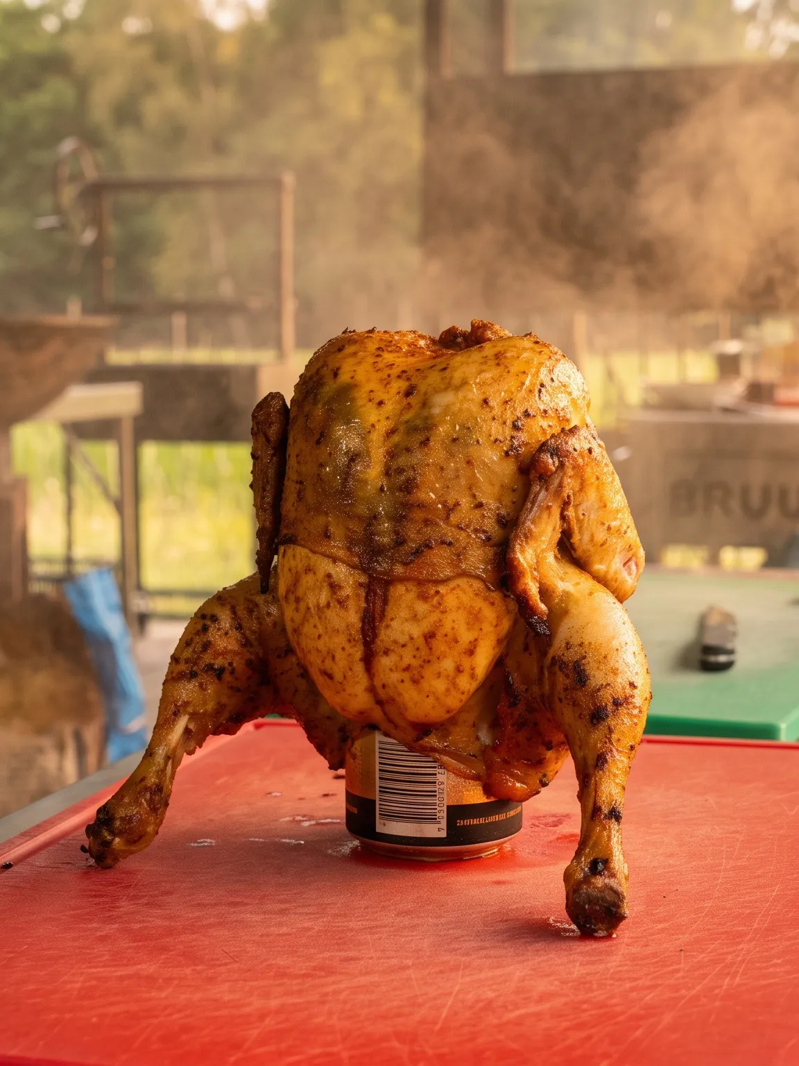 Beer can chicken van de BBQ