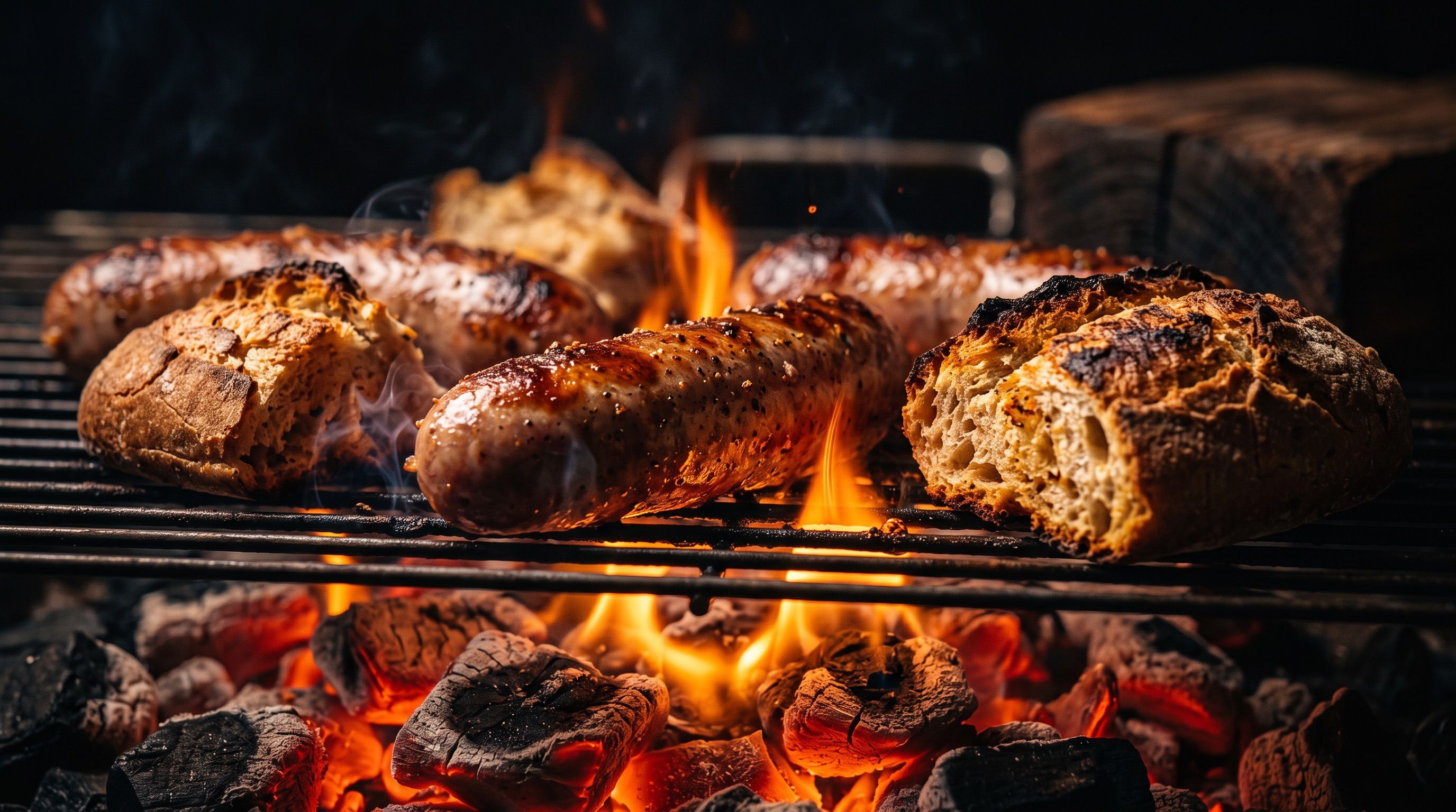 Vlees en brood op de grill met vuur